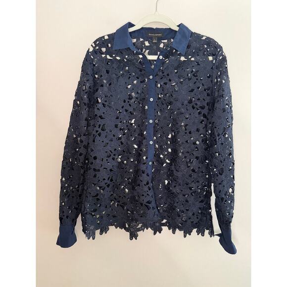 NWOT Banana Republic Womens Open Floral Lace Preppy Button Navy Blouse Large - Picture 6 of 9